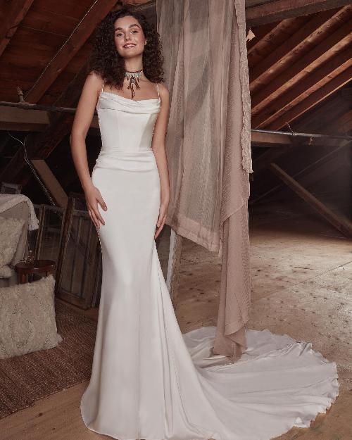 Lp2129 simple satin wedding dress with lace and spaghetti straps1